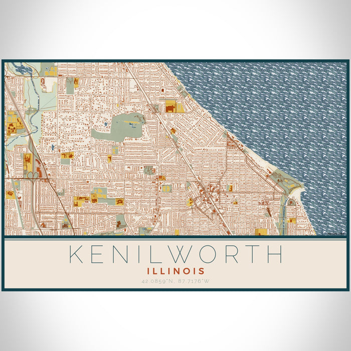 Kenilworth Illinois Map Print Landscape Orientation in Woodblock Style With Shaded Background