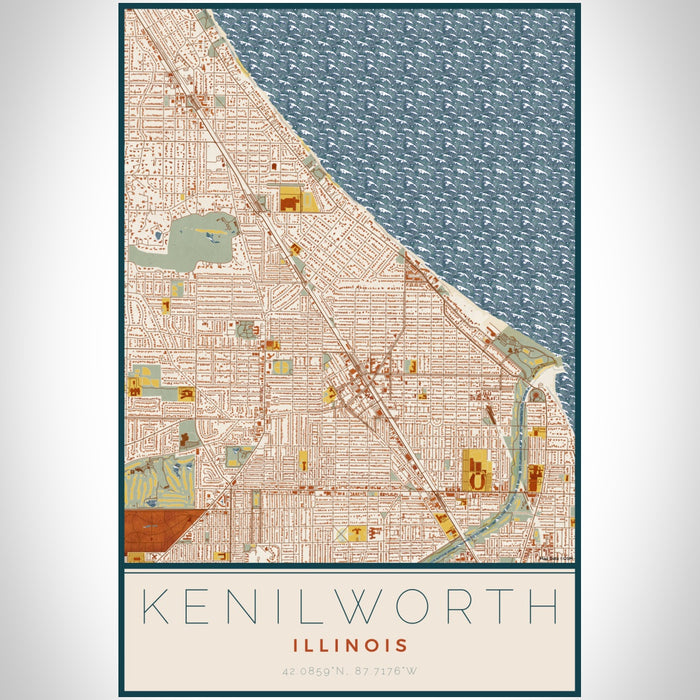 Kenilworth Illinois Map Print Portrait Orientation in Woodblock Style With Shaded Background