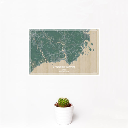 12x18 Kennebunkport Maine Map Print Landscape Orientation in Afternoon Style With Small Cactus Plant in White Planter