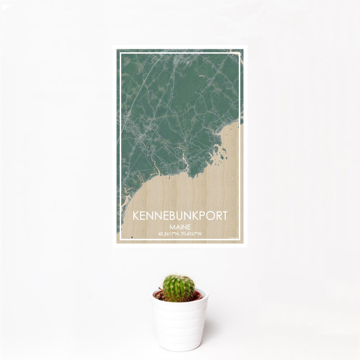 12x18 Kennebunkport Maine Map Print Portrait Orientation in Afternoon Style With Small Cactus Plant in White Planter