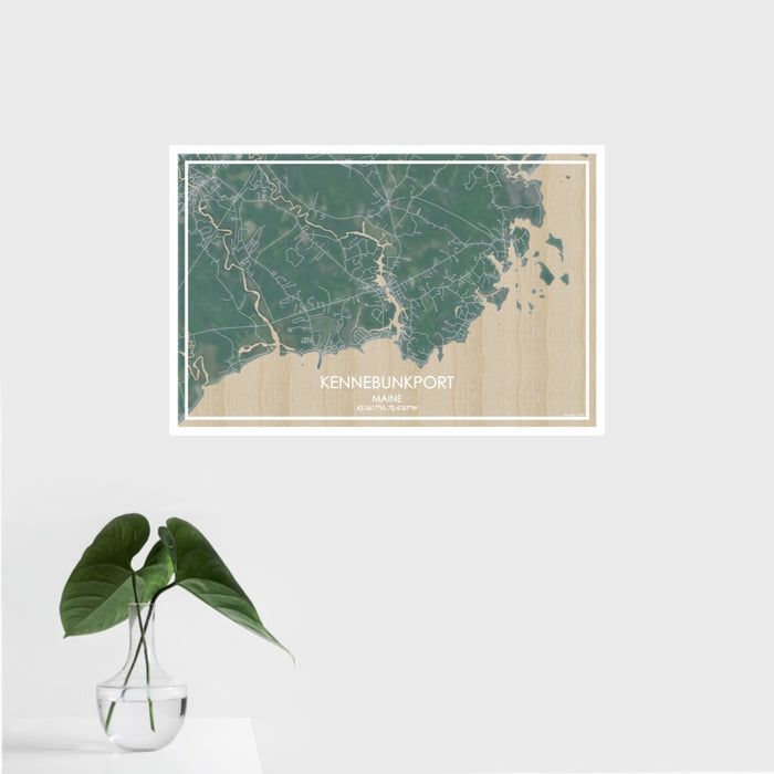 16x24 Kennebunkport Maine Map Print Landscape Orientation in Afternoon Style With Tropical Plant Leaves in Water