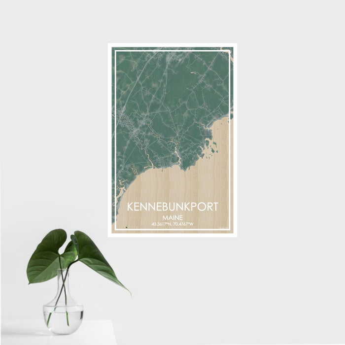 16x24 Kennebunkport Maine Map Print Portrait Orientation in Afternoon Style With Tropical Plant Leaves in Water