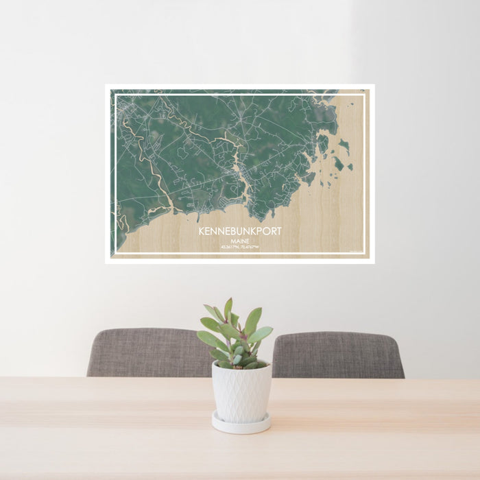 24x36 Kennebunkport Maine Map Print Lanscape Orientation in Afternoon Style Behind 2 Chairs Table and Potted Plant
