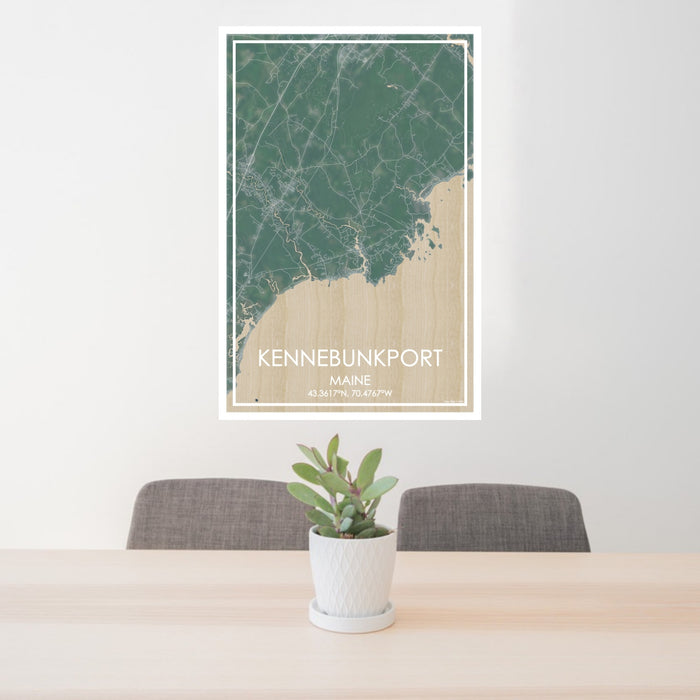 24x36 Kennebunkport Maine Map Print Portrait Orientation in Afternoon Style Behind 2 Chairs Table and Potted Plant
