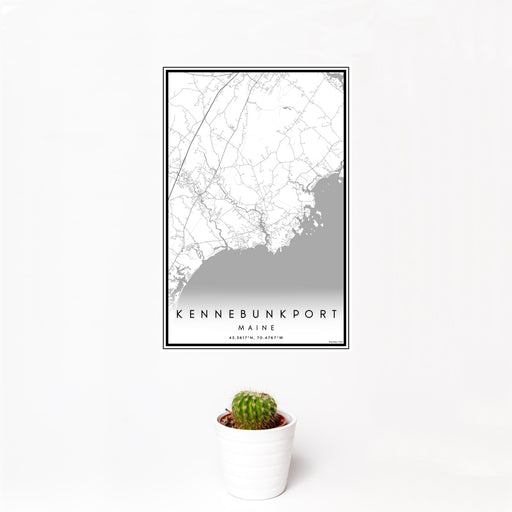 12x18 Kennebunkport Maine Map Print Portrait Orientation in Classic Style With Small Cactus Plant in White Planter