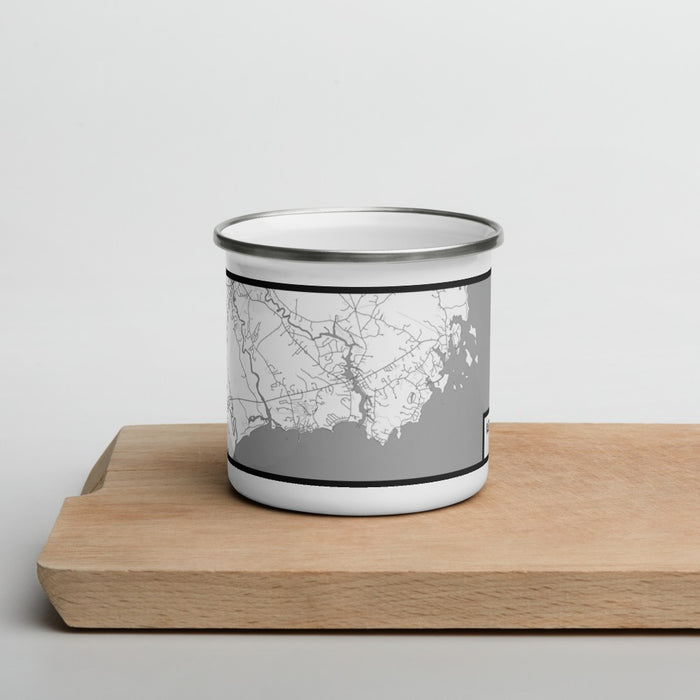 Front View Custom Kennebunkport Maine Map Enamel Mug in Classic on Cutting Board