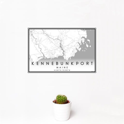 12x18 Kennebunkport Maine Map Print Landscape Orientation in Classic Style With Small Cactus Plant in White Planter