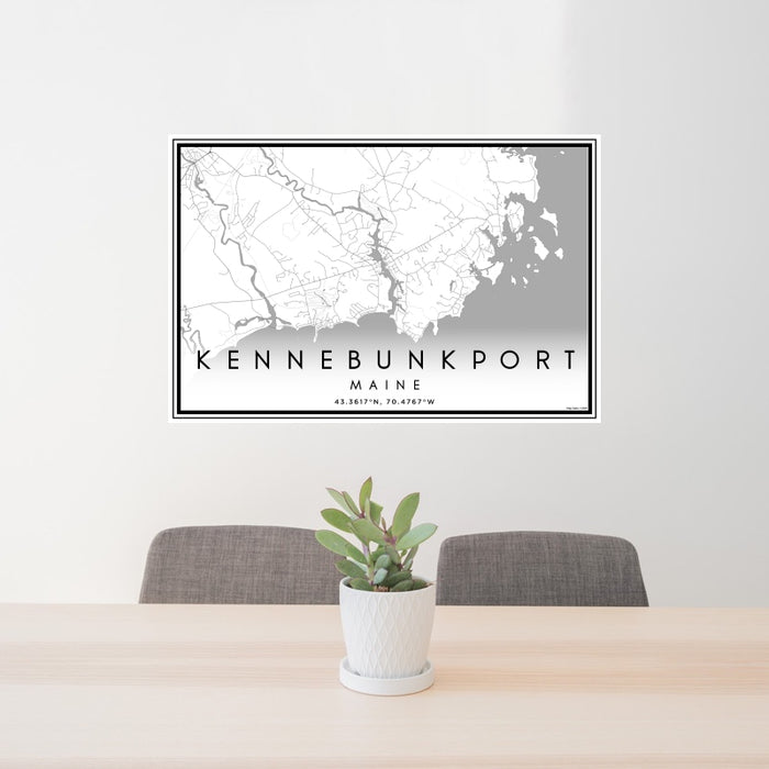 24x36 Kennebunkport Maine Map Print Landscape Orientation in Classic Style Behind 2 Chairs Table and Potted Plant
