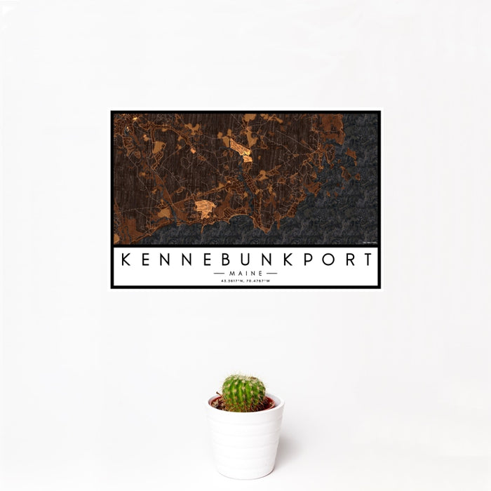 12x18 Kennebunkport Maine Map Print Landscape Orientation in Ember Style With Small Cactus Plant in White Planter