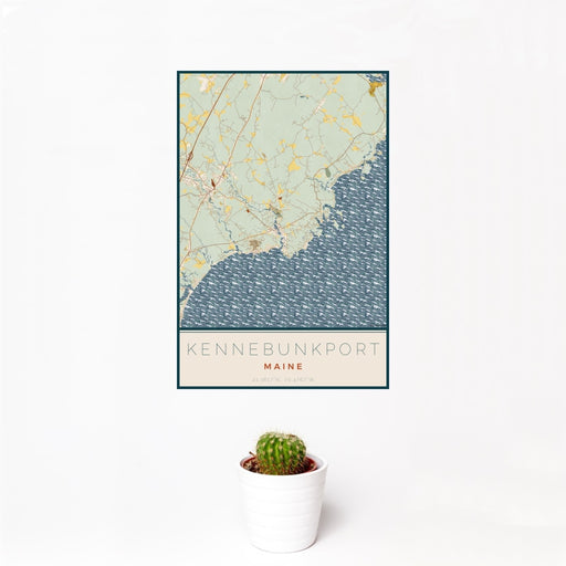 12x18 Kennebunkport Maine Map Print Portrait Orientation in Woodblock Style With Small Cactus Plant in White Planter