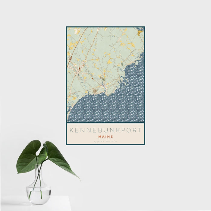 16x24 Kennebunkport Maine Map Print Portrait Orientation in Woodblock Style With Tropical Plant Leaves in Water
