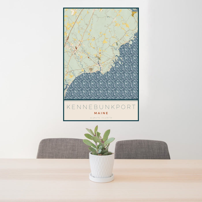 24x36 Kennebunkport Maine Map Print Portrait Orientation in Woodblock Style Behind 2 Chairs Table and Potted Plant