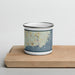 Front View Custom Kennebunkport Maine Map Enamel Mug in Woodblock on Cutting Board