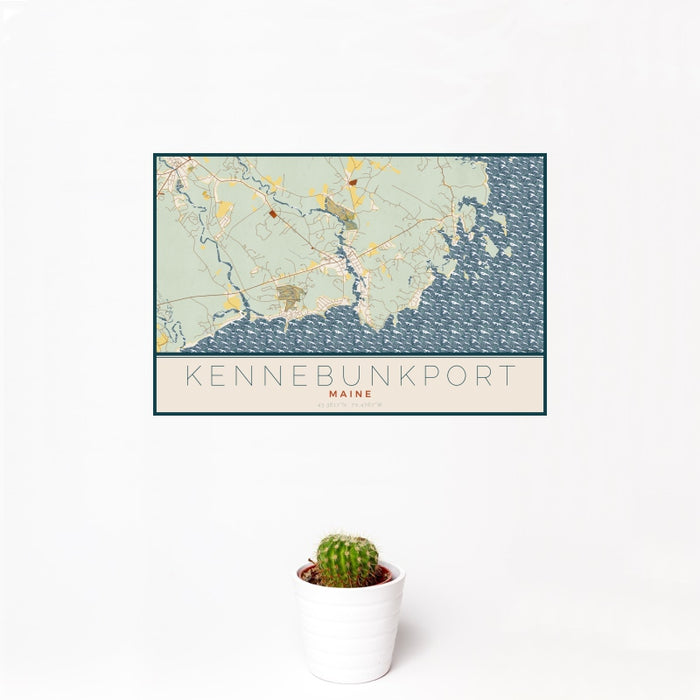 12x18 Kennebunkport Maine Map Print Landscape Orientation in Woodblock Style With Small Cactus Plant in White Planter