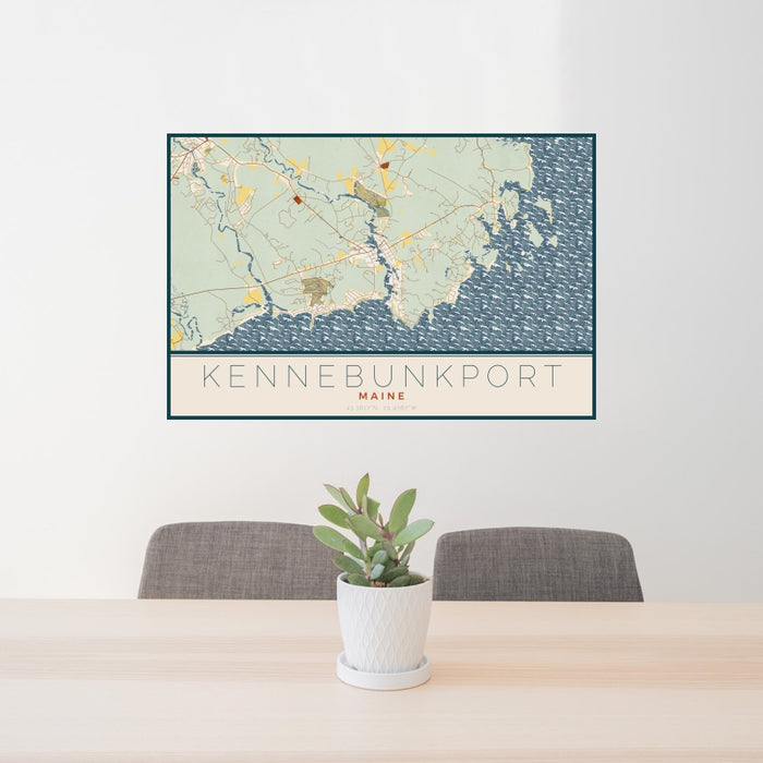 24x36 Kennebunkport Maine Map Print Landscape Orientation in Woodblock Style Behind 2 Chairs Table and Potted Plant