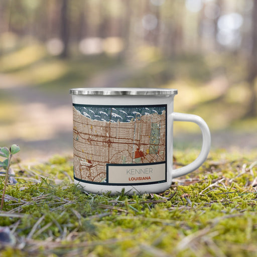 Right View Custom Kenner Louisiana Map Enamel Mug in Woodblock on Grass With Trees in Background