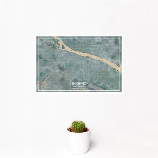 12x18 Kennewick Washington Map Print Landscape Orientation in Afternoon Style With Small Cactus Plant in White Planter