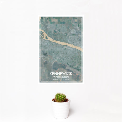 12x18 Kennewick Washington Map Print Portrait Orientation in Afternoon Style With Small Cactus Plant in White Planter