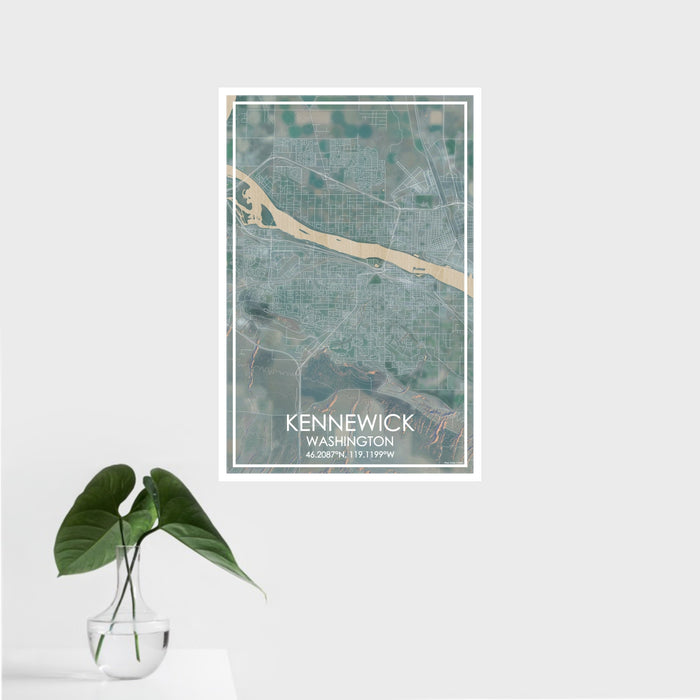16x24 Kennewick Washington Map Print Portrait Orientation in Afternoon Style With Tropical Plant Leaves in Water