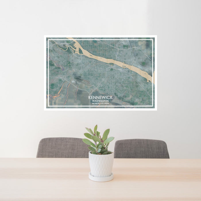 24x36 Kennewick Washington Map Print Lanscape Orientation in Afternoon Style Behind 2 Chairs Table and Potted Plant