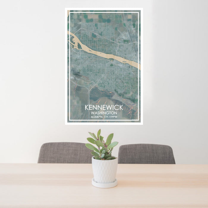 24x36 Kennewick Washington Map Print Portrait Orientation in Afternoon Style Behind 2 Chairs Table and Potted Plant