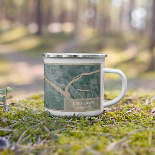 Right View Custom Kennewick Washington Map Enamel Mug in Afternoon on Grass With Trees in Background