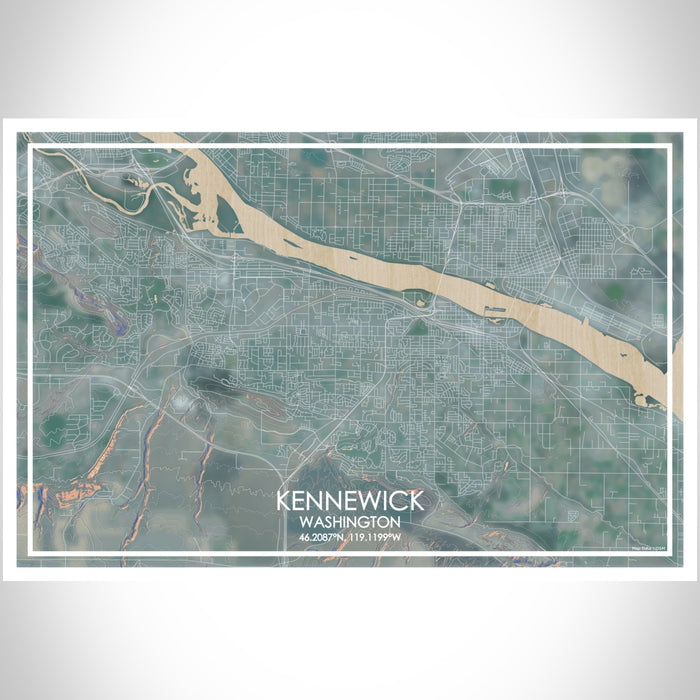 Kennewick Washington Map Print Landscape Orientation in Afternoon Style With Shaded Background