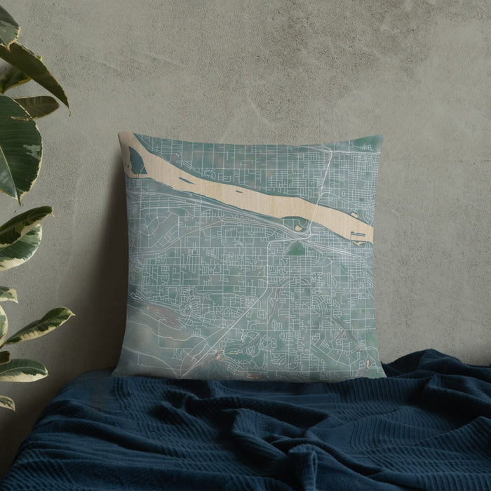 Custom Kennewick Washington Map Throw Pillow in Afternoon on Bedding Against Wall