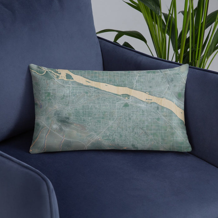 Custom Kennewick Washington Map Throw Pillow in Afternoon on Blue Colored Chair