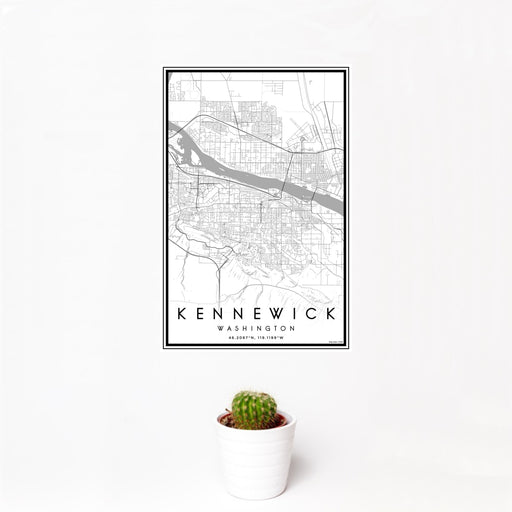 12x18 Kennewick Washington Map Print Portrait Orientation in Classic Style With Small Cactus Plant in White Planter