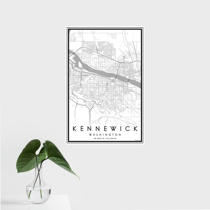 16x24 Kennewick Washington Map Print Portrait Orientation in Classic Style With Tropical Plant Leaves in Water
