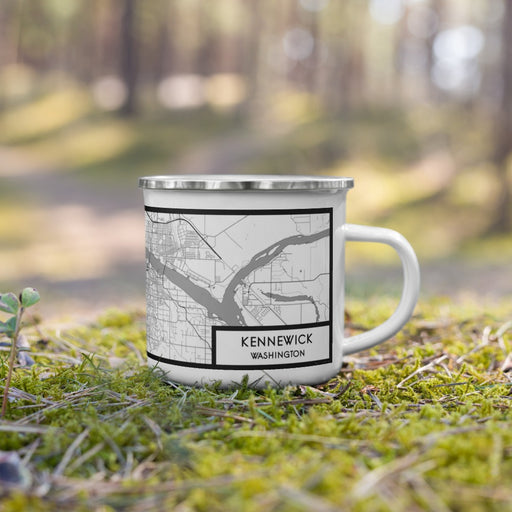 Right View Custom Kennewick Washington Map Enamel Mug in Classic on Grass With Trees in Background