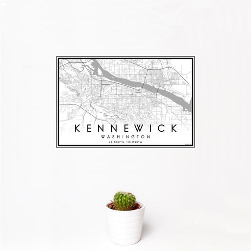 12x18 Kennewick Washington Map Print Landscape Orientation in Classic Style With Small Cactus Plant in White Planter
