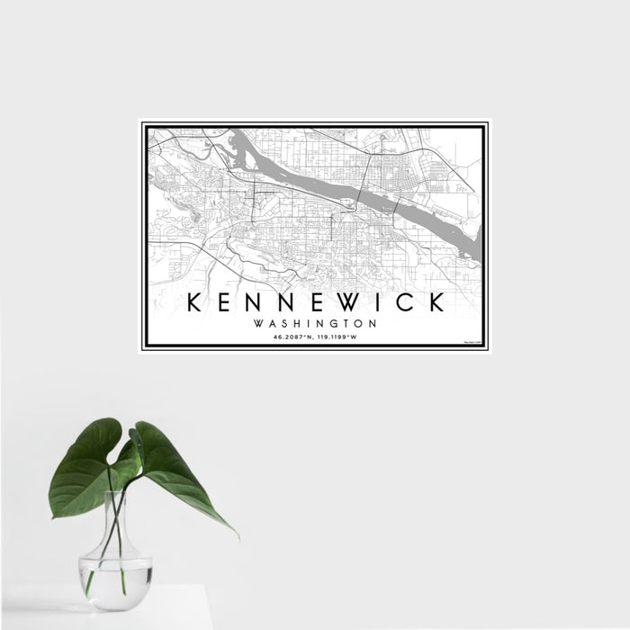 16x24 Kennewick Washington Map Print Landscape Orientation in Classic Style With Tropical Plant Leaves in Water