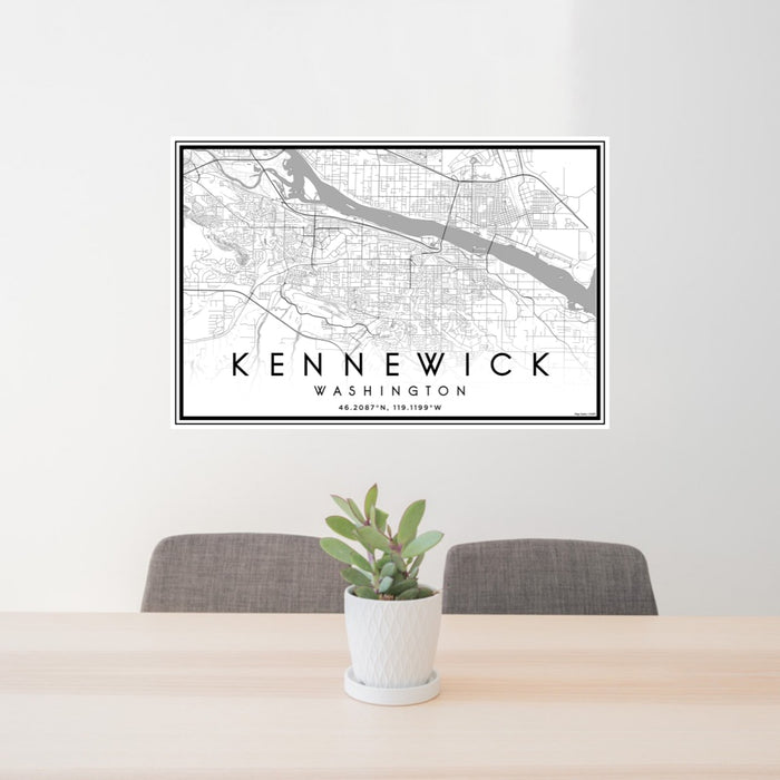 24x36 Kennewick Washington Map Print Landscape Orientation in Classic Style Behind 2 Chairs Table and Potted Plant