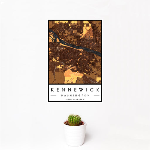 12x18 Kennewick Washington Map Print Portrait Orientation in Ember Style With Small Cactus Plant in White Planter