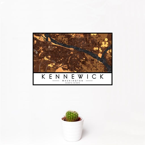 12x18 Kennewick Washington Map Print Landscape Orientation in Ember Style With Small Cactus Plant in White Planter