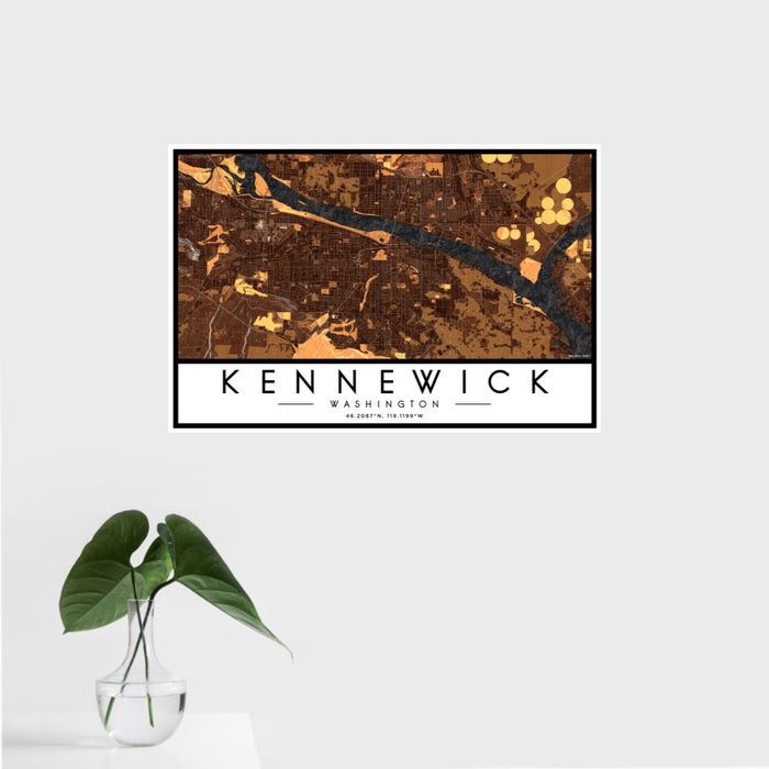16x24 Kennewick Washington Map Print Landscape Orientation in Ember Style With Tropical Plant Leaves in Water