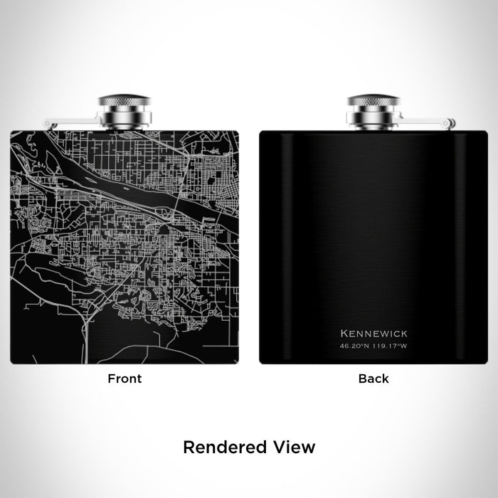 Rendered View of Kennewick Washington Map Engraving on 6oz Stainless Steel Flask in Black