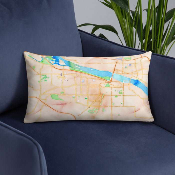 Custom Kennewick Washington Map Throw Pillow in Watercolor on Blue Colored Chair