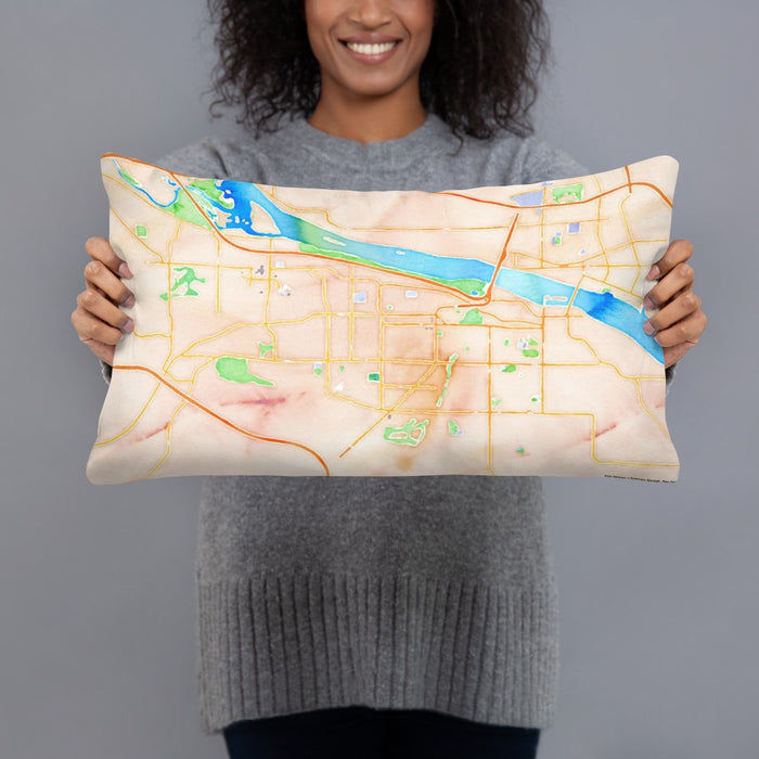 Person holding 20x12 Custom Kennewick Washington Map Throw Pillow in Watercolor
