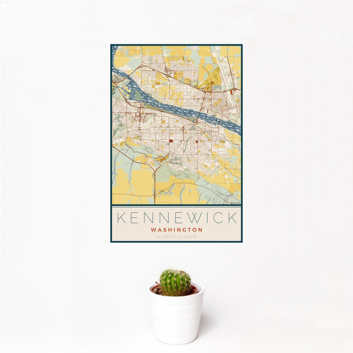 12x18 Kennewick Washington Map Print Portrait Orientation in Woodblock Style With Small Cactus Plant in White Planter