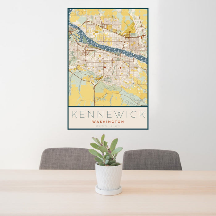 24x36 Kennewick Washington Map Print Portrait Orientation in Woodblock Style Behind 2 Chairs Table and Potted Plant