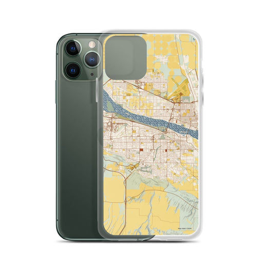 Custom Kennewick Washington Map Phone Case in Woodblock on Table with Laptop and Plant