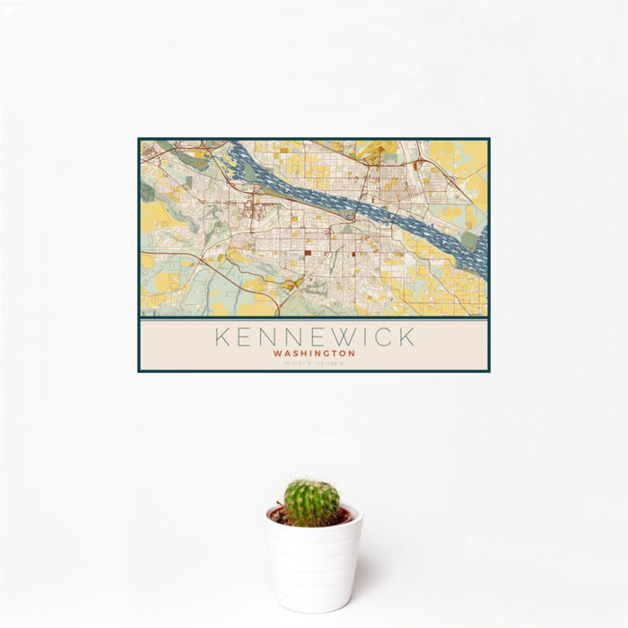 12x18 Kennewick Washington Map Print Landscape Orientation in Woodblock Style With Small Cactus Plant in White Planter