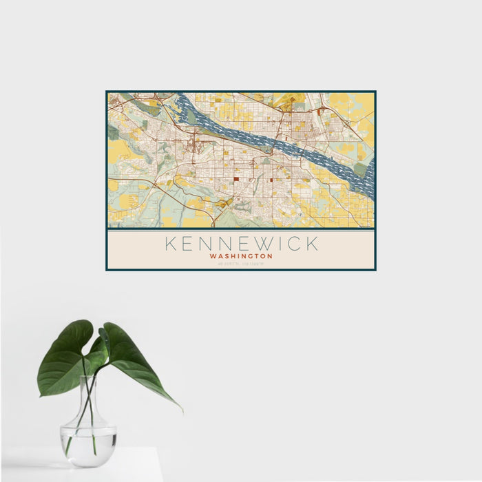 16x24 Kennewick Washington Map Print Landscape Orientation in Woodblock Style With Tropical Plant Leaves in Water