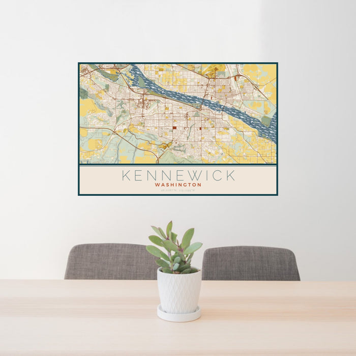 24x36 Kennewick Washington Map Print Landscape Orientation in Woodblock Style Behind 2 Chairs Table and Potted Plant