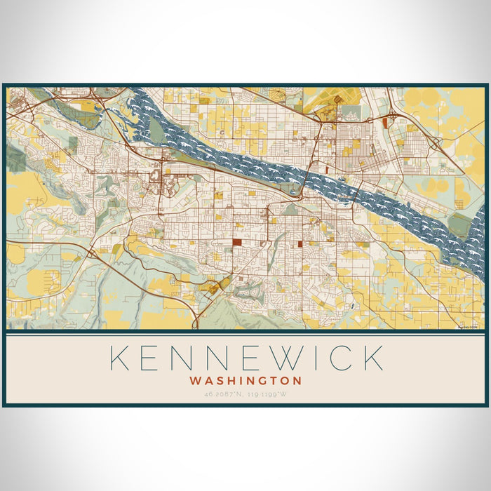 Kennewick Washington Map Print Landscape Orientation in Woodblock Style With Shaded Background