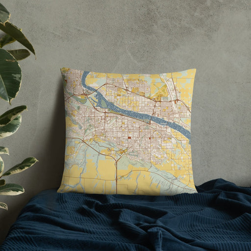 Custom Kennewick Washington Map Throw Pillow in Woodblock on Bedding Against Wall