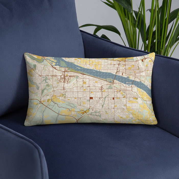 Custom Kennewick Washington Map Throw Pillow in Woodblock on Blue Colored Chair